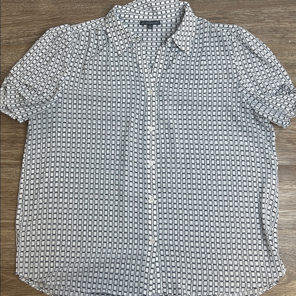 Adrianna Papell Patterned Blouse – Black & Ivory Button Front Top Size XL
